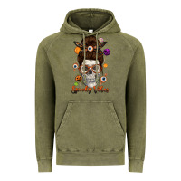 Vintage Olive Spooky Vibes Skull Messy Bun Vintage Hoodie - texasbilliewilder
