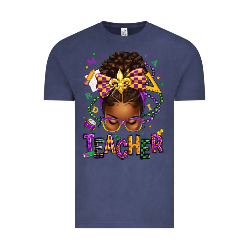 Mardi Gras Teacher Afro Messy Bun Vintage Tee by texasbilliewilder | Teevron