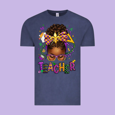 Mardi Gras Teacher Afro Messy Bun Vintage Tee Designed By Texasbilliewilder