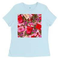 Baby Blue valentines day coffee cups and love letter with xoxo and leopard seaml Ladies Tee - BundleAndBundleShop
