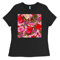 Black valentines day coffee cups and love letter with xoxo and leopard seaml Ladies Tee - BundleAndBundleShop