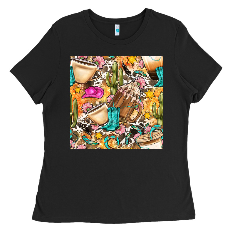 Western Cowgirl Coffee Cup With Cowhide Seamless Pattern Bbs Ladies Tee by BundleAndBundleShop | Teevron