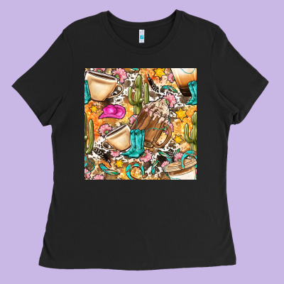 Western Cowgirl Coffee Cup With Cowhide Seamless Pattern Bbs Ladies Tee Designed By Bundleandbundleshop