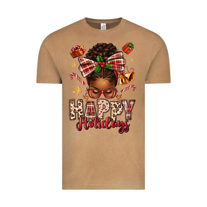 Happy Holidays Christmas Afro Messy Bun Vintage Tee by texasbilliewilder | Teevron