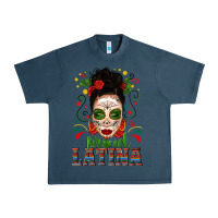 Midnight Navy Proud Latina Skull Girl Messy Bun Urban Heavy Tee - texasbilliewilder