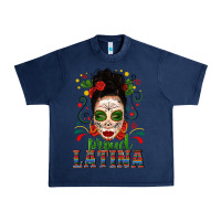Navy Proud Latina Skull Girl Messy Bun Urban Heavy Tee - texasbilliewilder