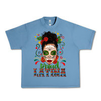 Pebble Blue Proud Latina Skull Girl Messy Bun Urban Heavy Tee - texasbilliewilder