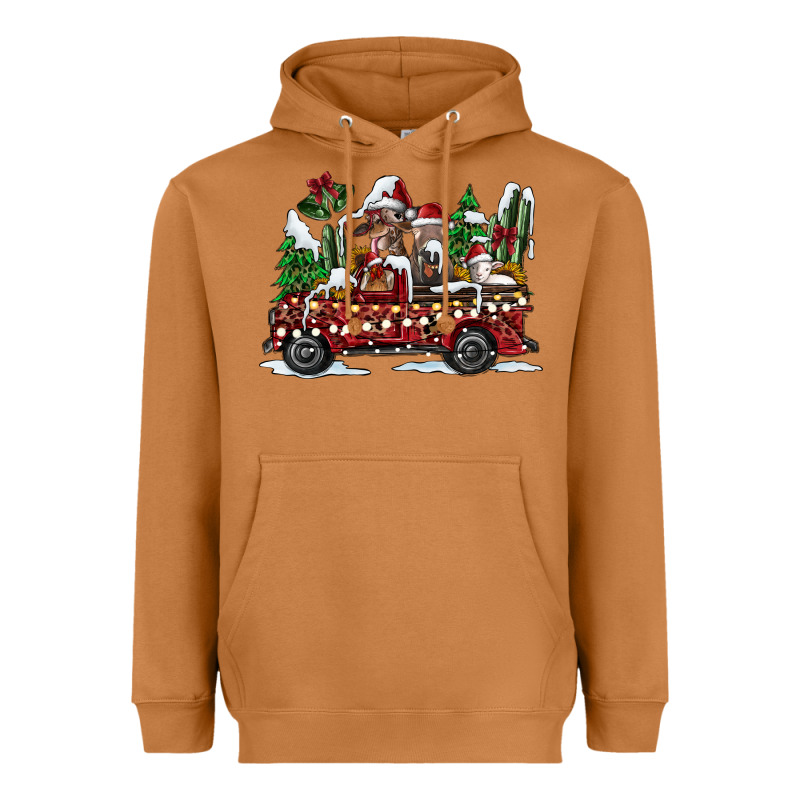 Festive Farm Animal Christmas Truck Heavyweight Hoodie by CowhideDigitalArt | Teevron