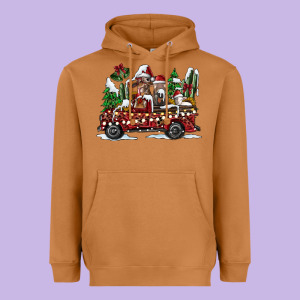 Festive Farm Animal Christmas Truck Heavyweight Hoodie Designed By Cowhidedigitalart