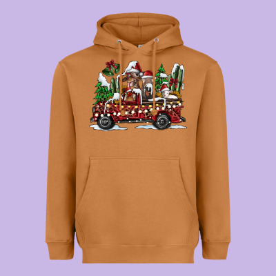 Festive Farm Animal Christmas Truck Heavyweight Hoodie Designed By Cowhidedigitalart
