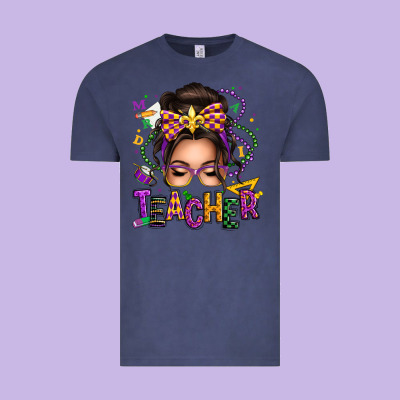 Mardi Gras Teacher Caucasian Messy Bun Vintage Tee Designed By Texasbilliewilder