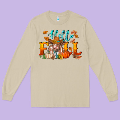 Hello Fall Heifer Cow Long Sleeve Tee Designed By Ranaportraitstore
