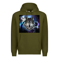 Army Green wolf and full moon Premium Hoodie - RanaPortraitStore