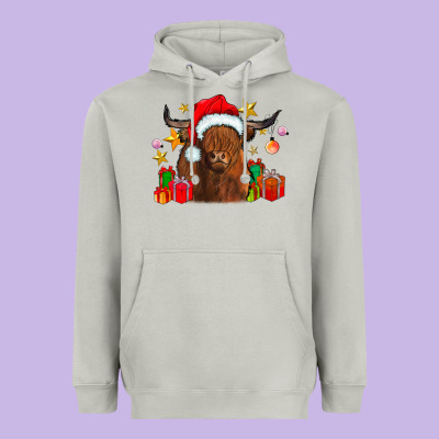 Festive Highland Cow Heavyweight Hoodie Designed By Cowhidedigitalart