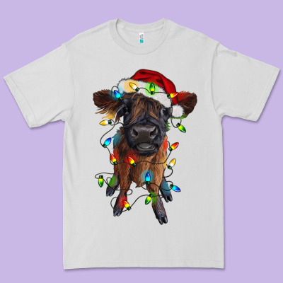 Highland Cow Calf With Christmas Lights Premium Tee Designed By Ranaportraitstore