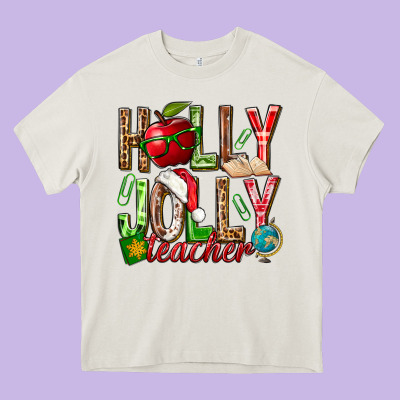 Holly Jolly Teacher Heavy Core Tee Designed By Nancycooperartshop