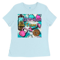 Baby Blue gym hair don't care clasp and water bottle with glitter seamless patte Ladies Tee - BundleAndBundleShop