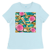 Baby Blue hair clasp and sea shells with leopard beach seamless pattern bbs Ladies Tee - BundleAndBundleShop