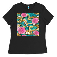 Black hair clasp and sea shells with leopard beach seamless pattern bbs Ladies Tee - BundleAndBundleShop