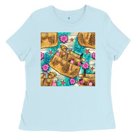 Baby Blue hairdresser apron and flowers with turquoise glitter seamless pattern  Ladies Tee - BundleAndBundleShop
