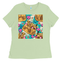 Matcha hairdresser apron and flowers with turquoise glitter seamless pattern  Ladies Tee - BundleAndBundleShop