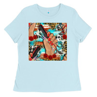 Baby Blue hairdresser hand scissors and roses with serape leopard and cowhide se Ladies Tee - BundleAndBundleShop