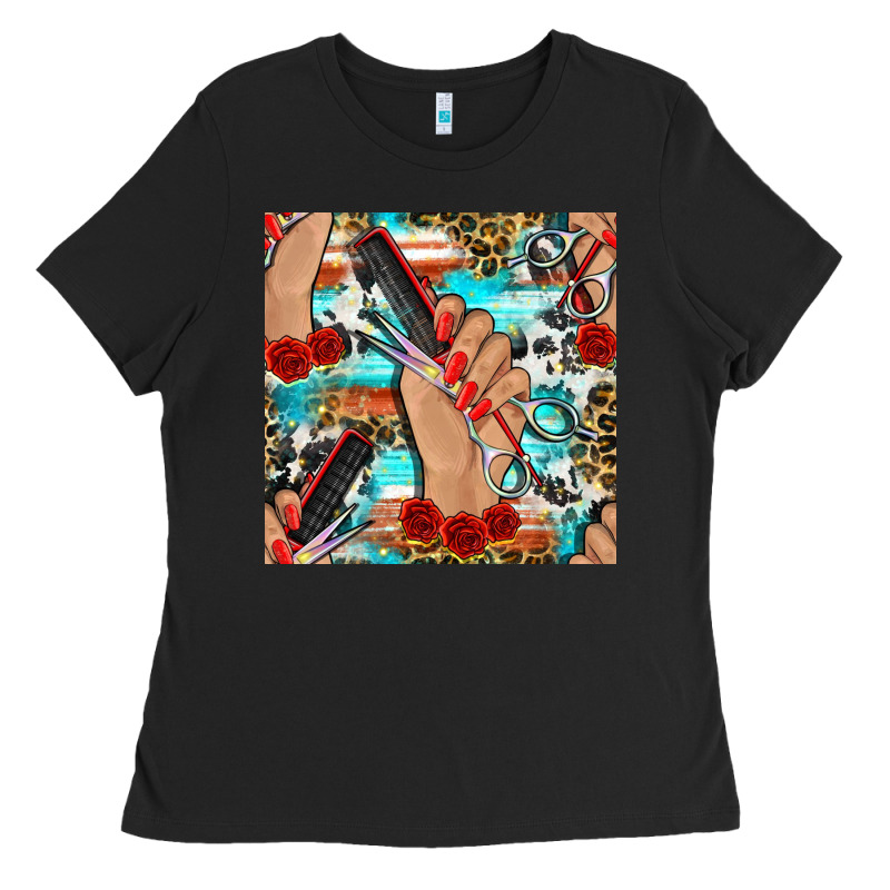 Hairdresser Hand Scissors And Roses With Serape Leopard And Cowhide Se Ladies Tee by BundleAndBundleShop | Teevron
