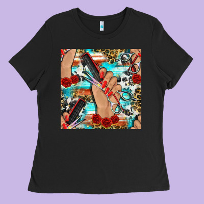 Hairdresser Hand Scissors And Roses With Serape Leopard And Cowhide Se Ladies Tee Designed By Bundleandbundleshop