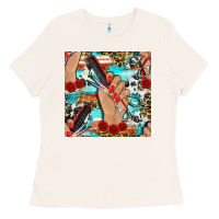 Bone hairdresser hand scissors and roses with serape leopard and cowhide se Ladies Tee - BundleAndBundleShop
