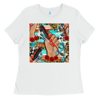 White hairdresser hand scissors and roses with serape leopard and cowhide se Ladies Tee - BundleAndBundleShop