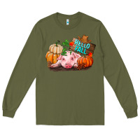 Army Green Hello fall pig Long Sleeve Tee - RanaPortraitStore