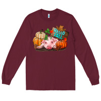 Burgundy Hello fall pig Long Sleeve Tee - RanaPortraitStore