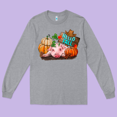 Hello Fall Pig Long Sleeve Tee Designed By Ranaportraitstore