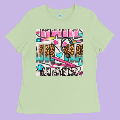 Leopard And Cowhide Hair And Curling Iron With Hearts And Flowers Seam Ladies Tee Designed By Bundleandbundleshop