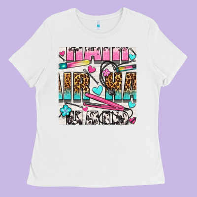 Leopard And Cowhide Hair And Curling Iron With Hearts And Flowers Seam Ladies Tee Designed By Bundleandbundleshop