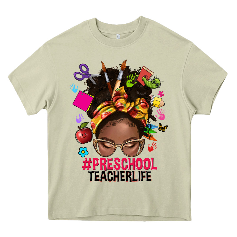 Preschool Teacher Life Afro Messy Bun Heavy Core Tee by NancyCooperArtShop | Teevron