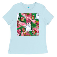 Baby Blue cute snowman and gift box with leopard seamless pattern bbs Ladies Tee - BundleAndBundleShop