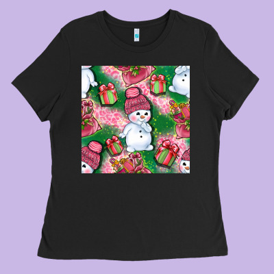 Cute Snowman And Gift Box With Leopard Seamless Pattern Bbs Ladies Tee Designed By Bundleandbundleshop