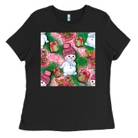 Black cute snowman and gift box with leopard seamless pattern bbs Ladies Tee - BundleAndBundleShop