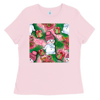 Bubblegum Pink cute snowman and gift box with leopard seamless pattern bbs Ladies Tee - BundleAndBundleShop