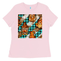 Bubblegum Pink thanksgiving gnomies with leopard and tartan seamless pattern bbs Ladies Tee - BundleAndBundleShop