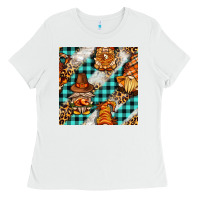 White thanksgiving gnomies with leopard and tartan seamless pattern bbs Ladies Tee - BundleAndBundleShop