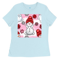 Baby Blue cute snowman and snow flakes seamless pattern bbs Ladies Tee - BundleAndBundleShop