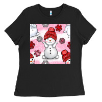 Black cute snowman and snow flakes seamless pattern bbs Ladies Tee - BundleAndBundleShop