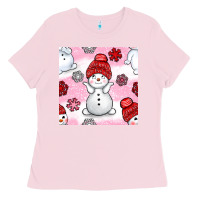 Bubblegum Pink cute snowman and snow flakes seamless pattern bbs Ladies Tee - BundleAndBundleShop