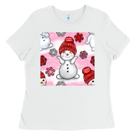 White cute snowman and snow flakes seamless pattern bbs Ladies Tee - BundleAndBundleShop