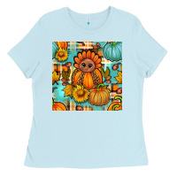 Baby Blue thanksgiving turkey with tartan seamless pattern bbs Ladies Tee - BundleAndBundleShop