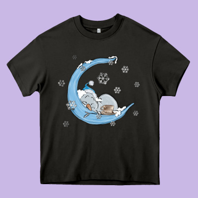 Snowman And Moon Heavy Core Tee Designed By Maliassmallbusiness