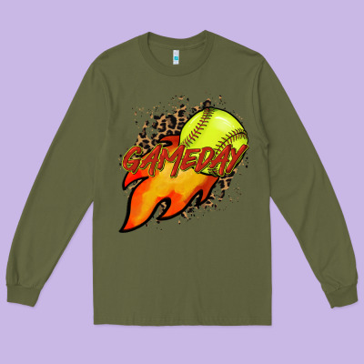 Softball Game Day Leopard Fire And Ball Long Sleeve Tee Designed By Howdyjamesfarm