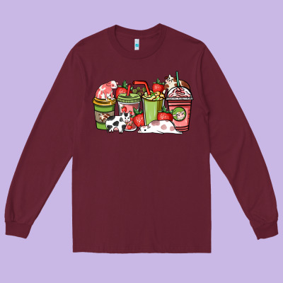 Cow And Strawberry Coffee Cups Long Sleeve Tee Designed By Howdyjamesfarm